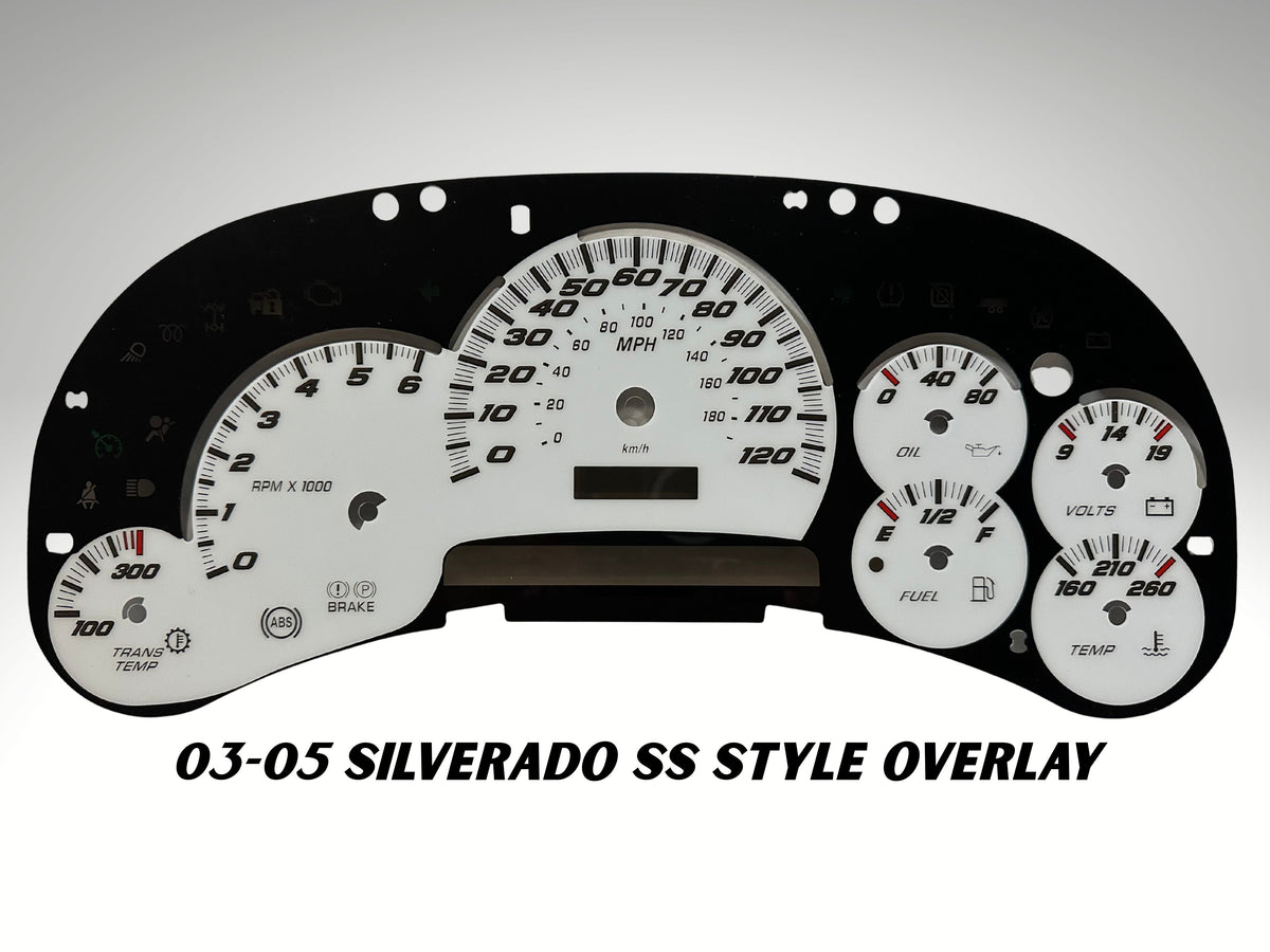 2003-2005 Chevy Silverado SS style white instrument cluster gauge face overlay