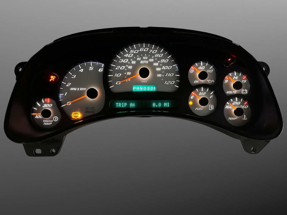 2003-2006 Silverado Sierra Tahoe White LED Kit shown in gauge cluster