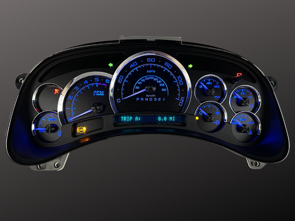 2003-2006 Silverado Sierra Tahoe Blue LED Kit shown in gauge cluster
